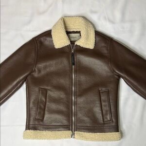 Brown Vegan Leather Jacket with  Faux Sherpa Shearling Collar